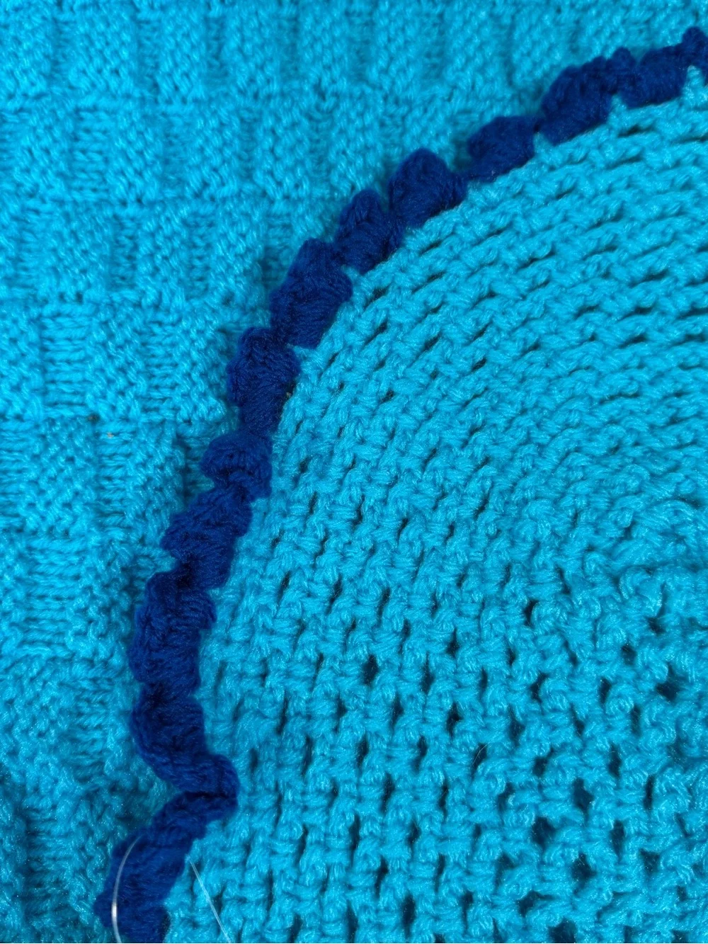 Handmade Baby Turquoise Crochet blanket with Navy ruffle Trim